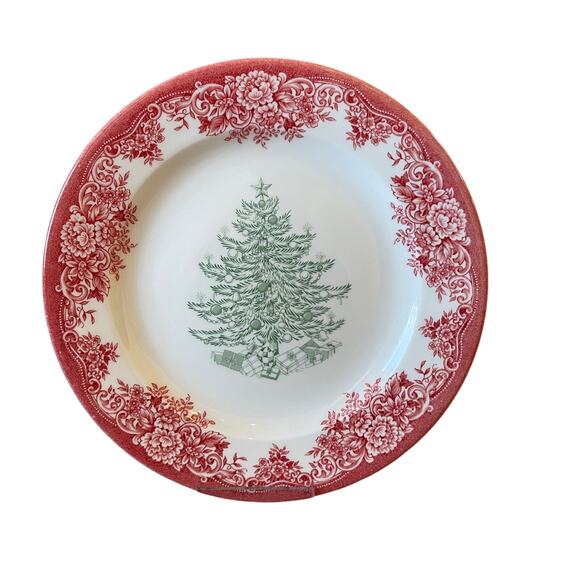 4pc Royal Stafford CHRISTMAS TREE Porcelain Salad Plates 8.5" Red Green NEW - Picture 2 of 12